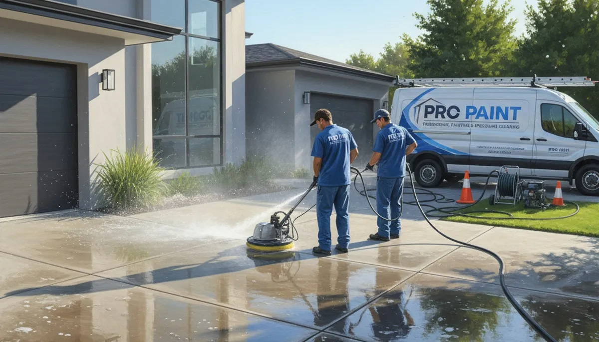 Bradenton, FL pressure washing crew cleaning a concrete driveway for mold and stain removal